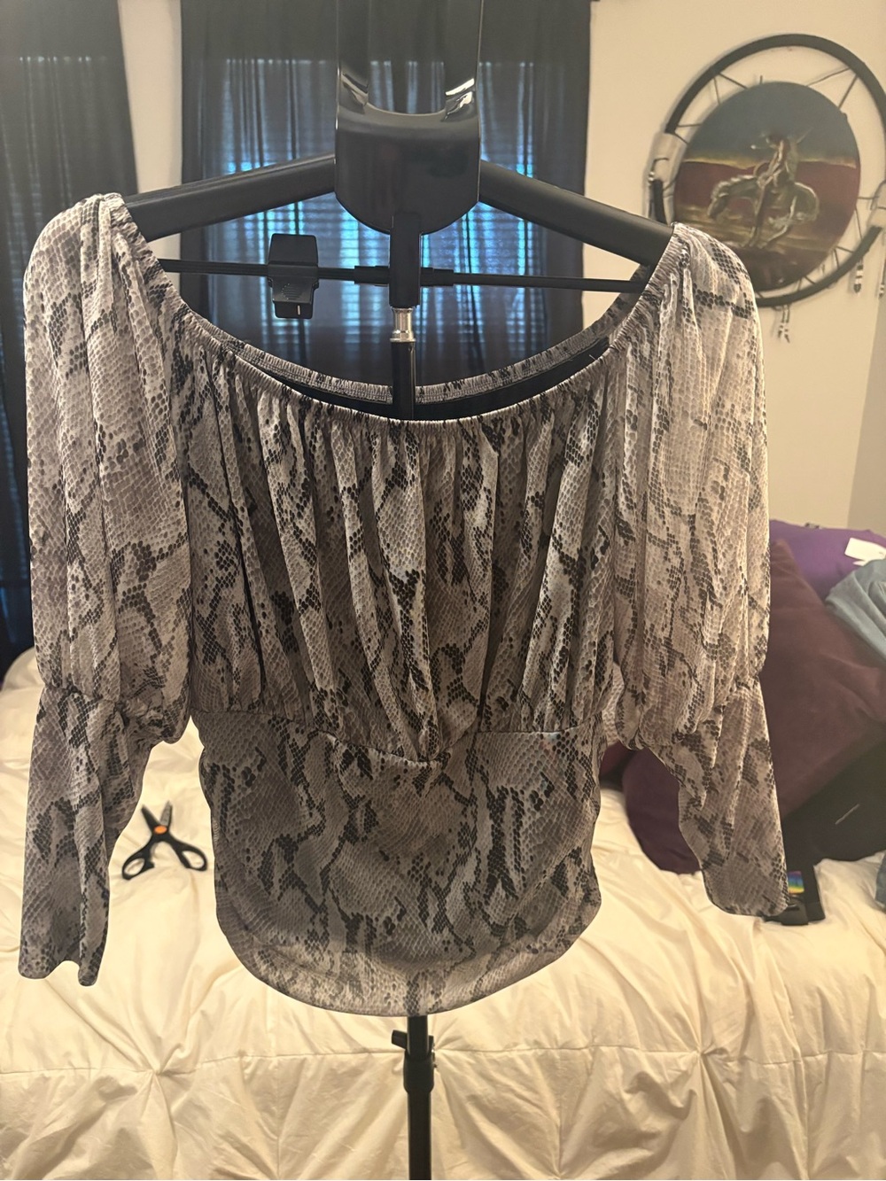 Express Snake-Print Off-Shoulder Blouse - Gray